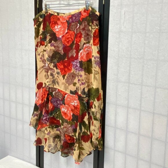 Chicos Design Sheer Lined Flamenco Ruffled Hi Low Asymmetrical Maxi Skirt Floral - Picture 5 of 13